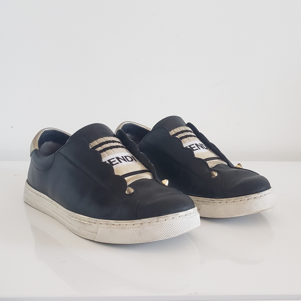 Fendi Navy Leather Slip-On Sneakers w/ Jaquard Branded Tongue & Gold Spi…
